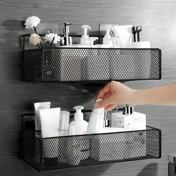 2‑Pack No‑Drill Wall Mount Metal Wire Storage Baskets, Adhesive Hanging Organizer for Bathroom Kitchen, Sturdy Wall‑Free Clutter‑Saving Storage