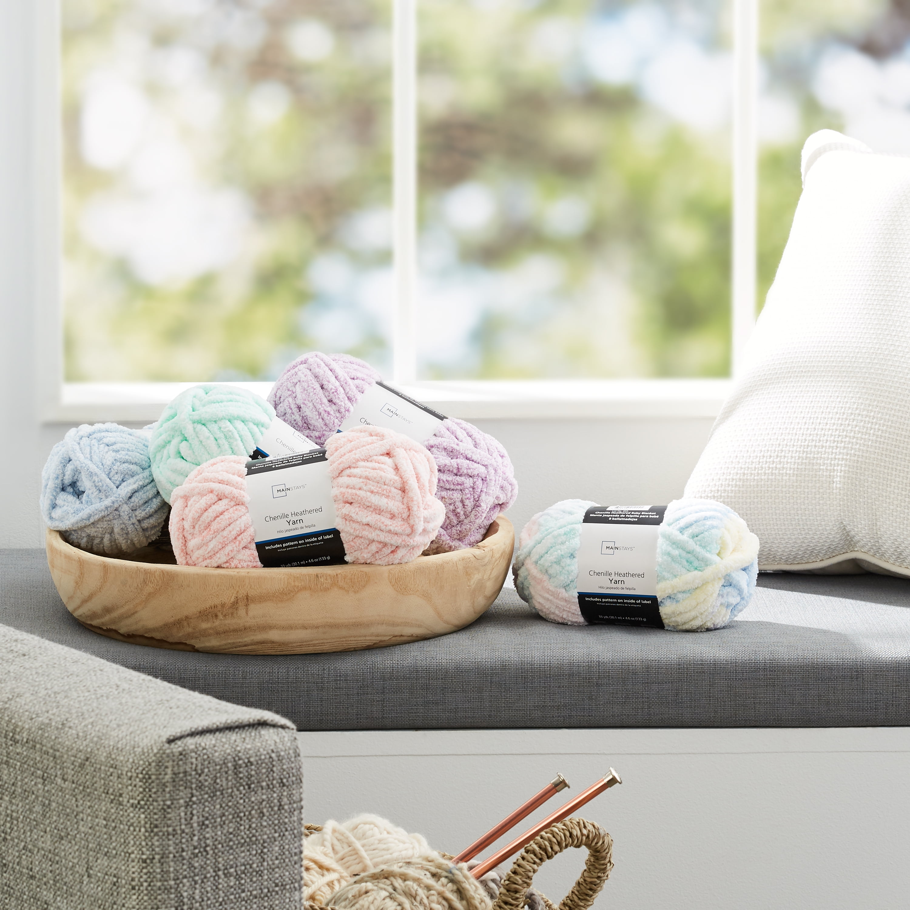 Mainstays Chenille Heathered Yarn Multi-Pastel, 33 Yards, 100 Percent Polyester, Super Bulky Weight