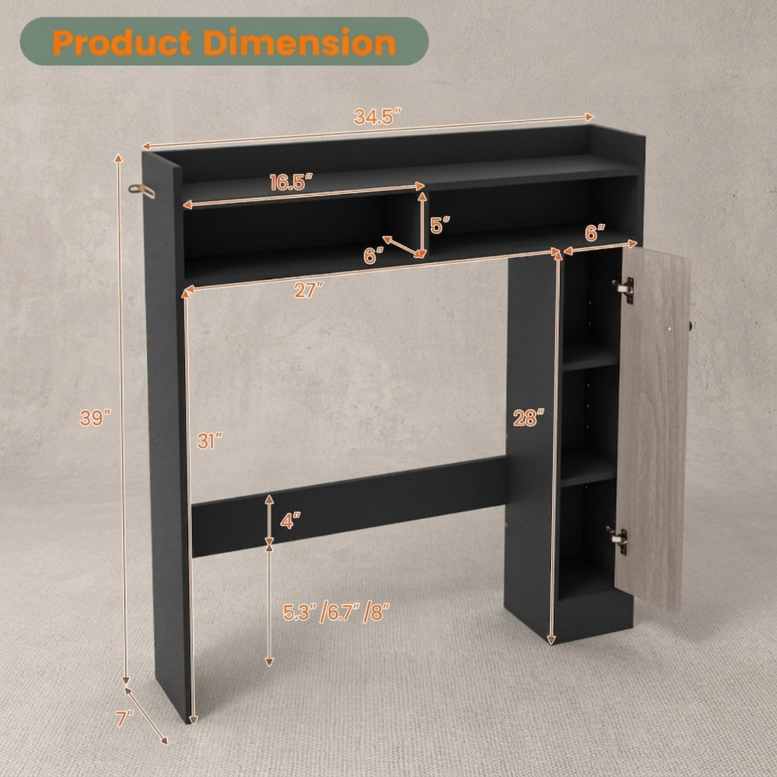 Vebreda Over the Toilet Storage Organizer with 2 Adjustable Shelves and Reinforced Bottom Bar for Bathroom Laundry Room Space Saving, Black