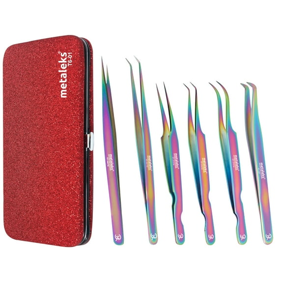 6PCS Complete Multi Titanium Coated Volume Tweezers Eyelash Extension Set With Red Metallic Magnetic Pouch