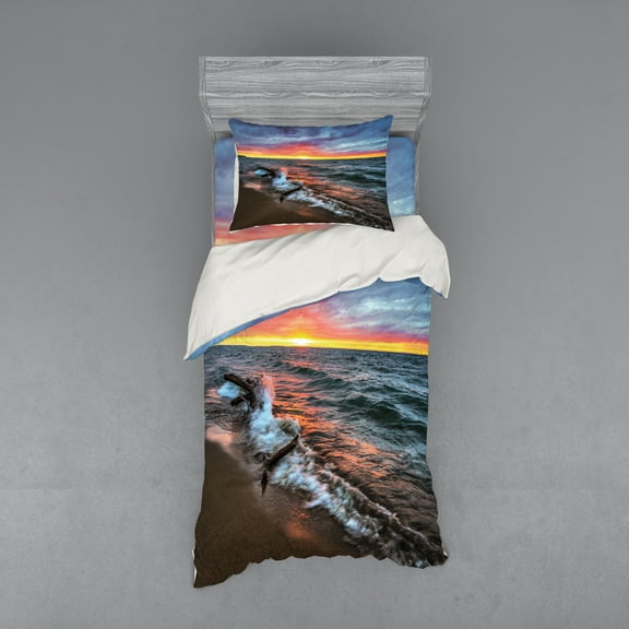 Ambesonne Landscape Bedding Set 3 Pcs, Sunset Horizon Lake, Twin XL, Blue Grey Orange