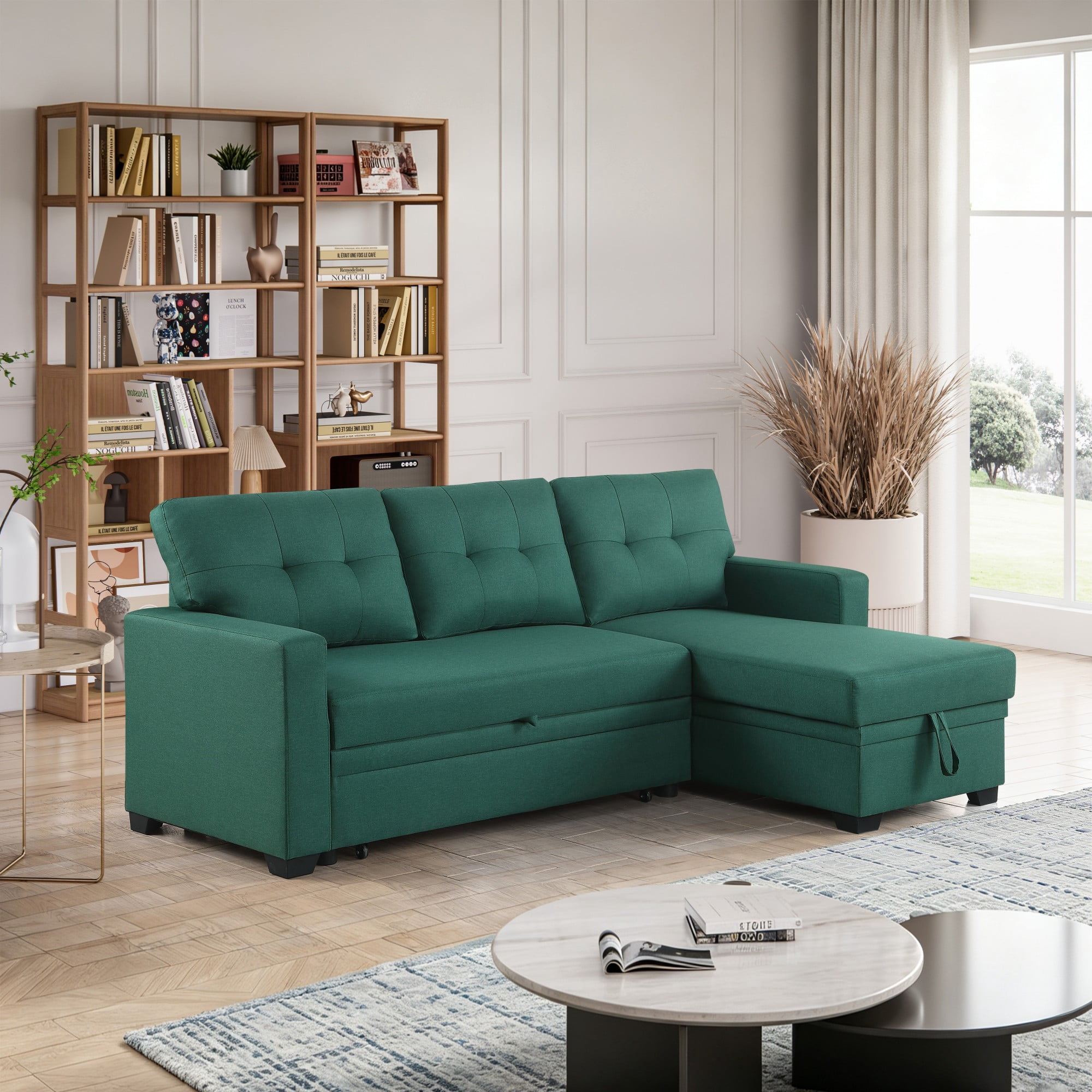 BSHTI 82" 3-Seat Linen Pull Out Sectional Sleeper Sofa with Storage Chaise, Removable Back Cushions for Living Room（Green）