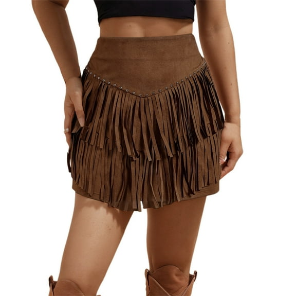 Women's Summer Casual Solid Fringe Skirt Flowy A Line Mini Skirt Comfortable Stretchy Elastic Waist Skirt For Daily Wear