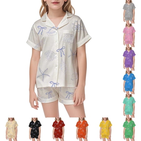 Baby Boy Pajamas Kids Satin Homewear with Ocean Bow Print Short Sleeve Top and Shorts Set Baby Girl Clothes Grey 2-3 Years
