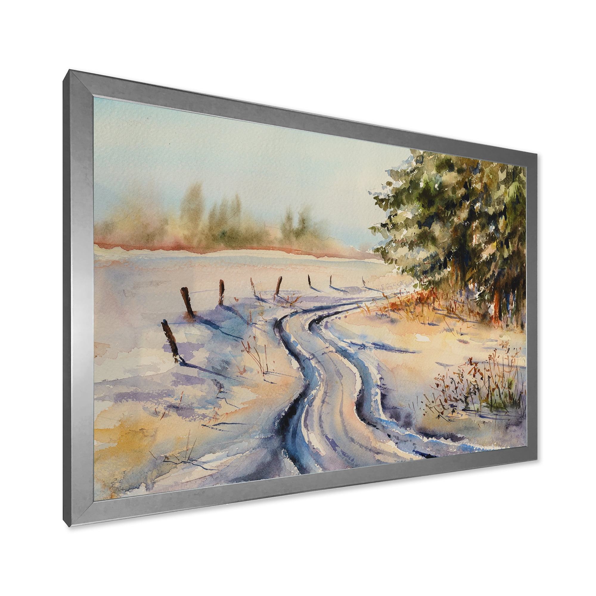 Designart 'Snowy Winter Forest Landscape Rural Road In Snow' Traditional Framed Art Print