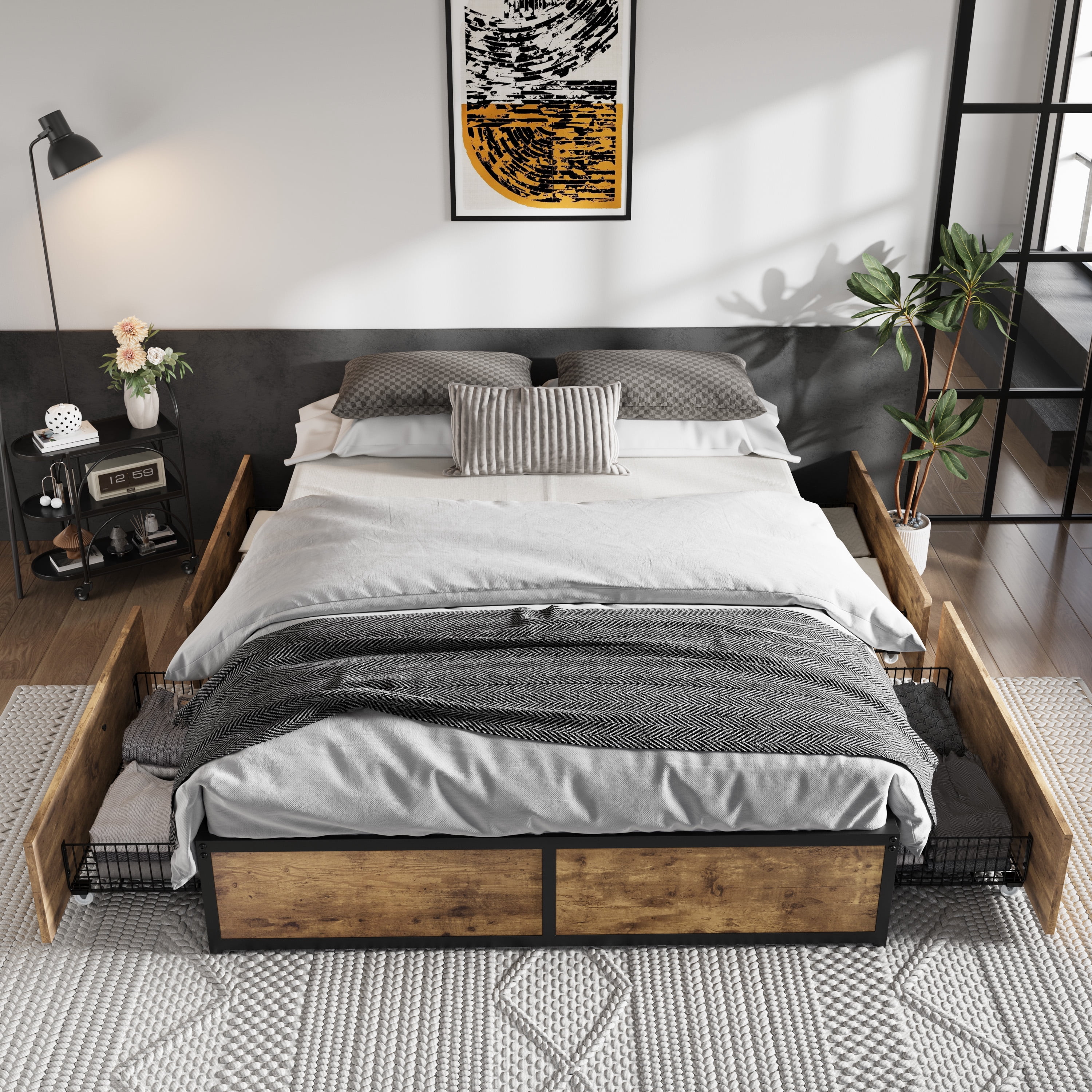 Merrland Queen Size Platform Industrial Bed Frame with 4 Large Storage Drawers, Brown