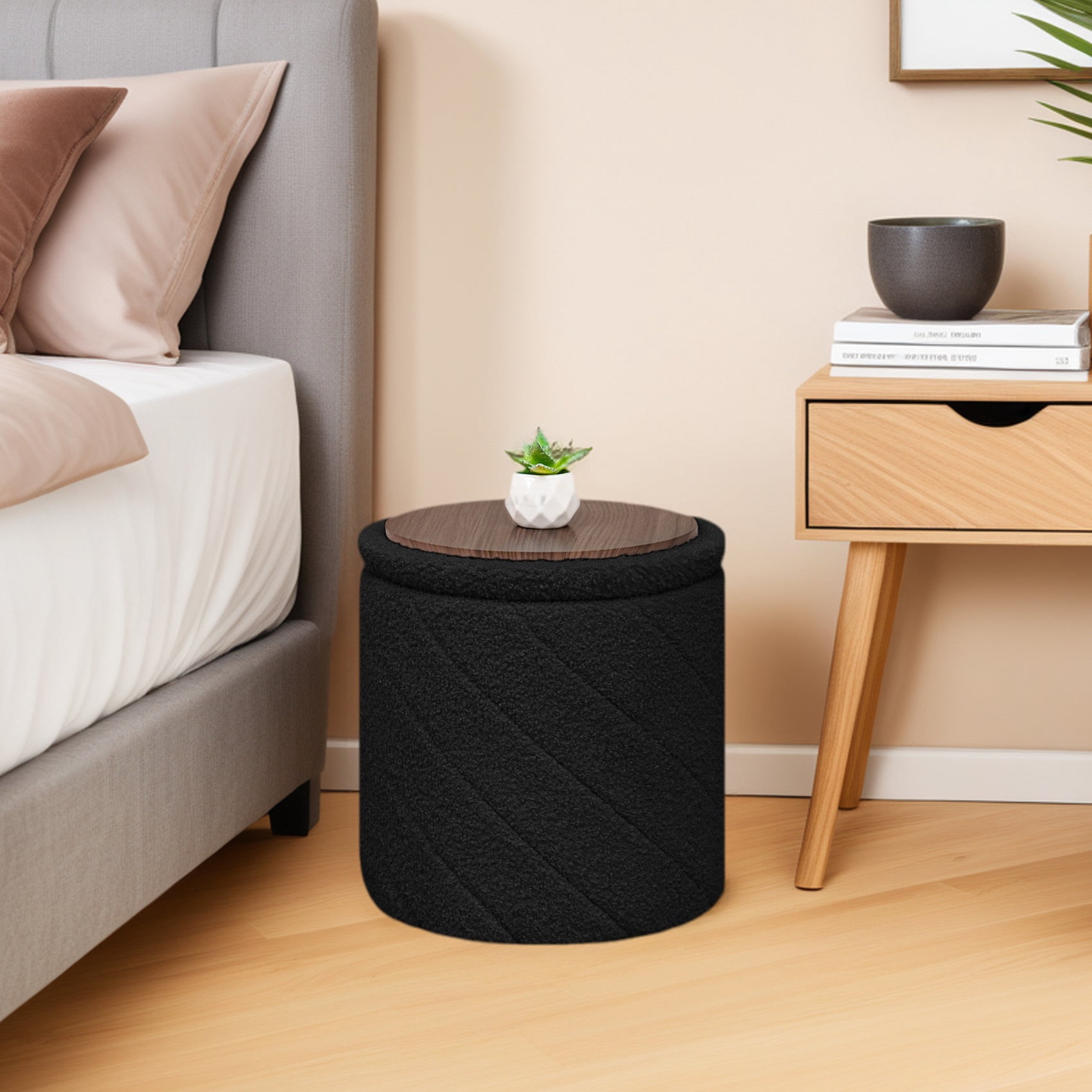 PINPLUS Small Storage Ottoman with Tray Collapsible Foot Rest Stool Seat for Living Room Black,Sherpa Fabric
