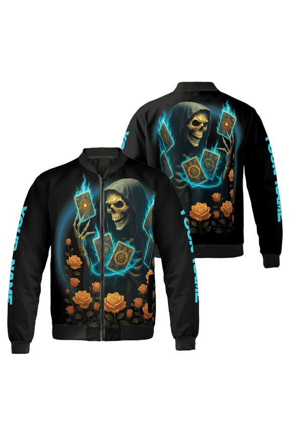 Custom Name Grim Reaper Bomber Jacket with Tarot Cards Gothic Streetwear Skull Jacket for Men & Women