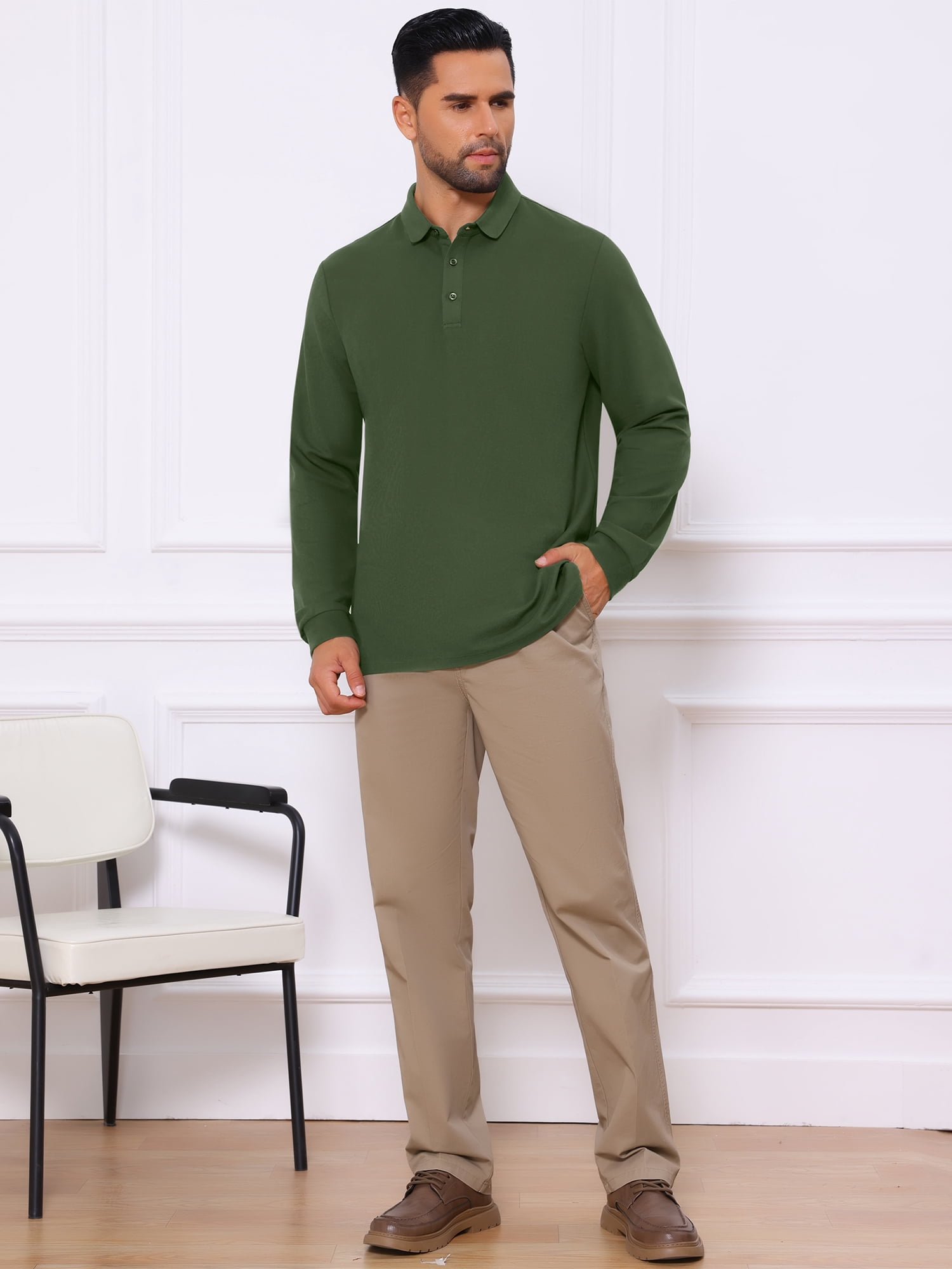DARING DIVA Men's Classic Solid Color Long Sleeves Basic Golf Polo T-Shirts M Green