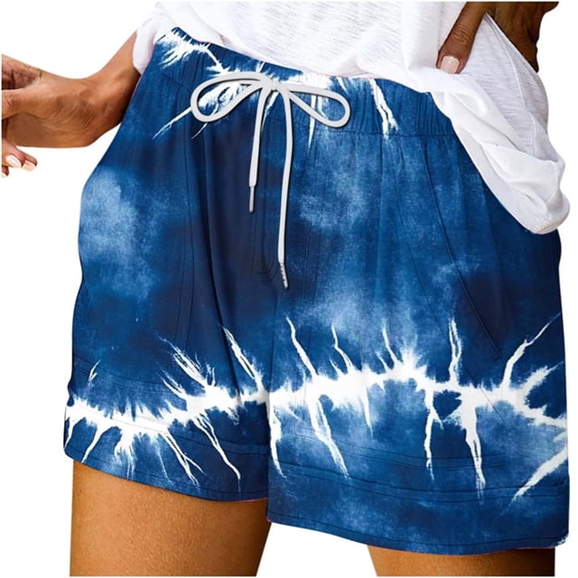 Pantalones Cortos Sueltos para Mujeres de Verano Impreso Encaje Hasta Bolsillo Elástico Pantalones Cortos Casuales Poliéster, Moda Pantalones Cortos de Verano para Uso Diario Y de Ocio