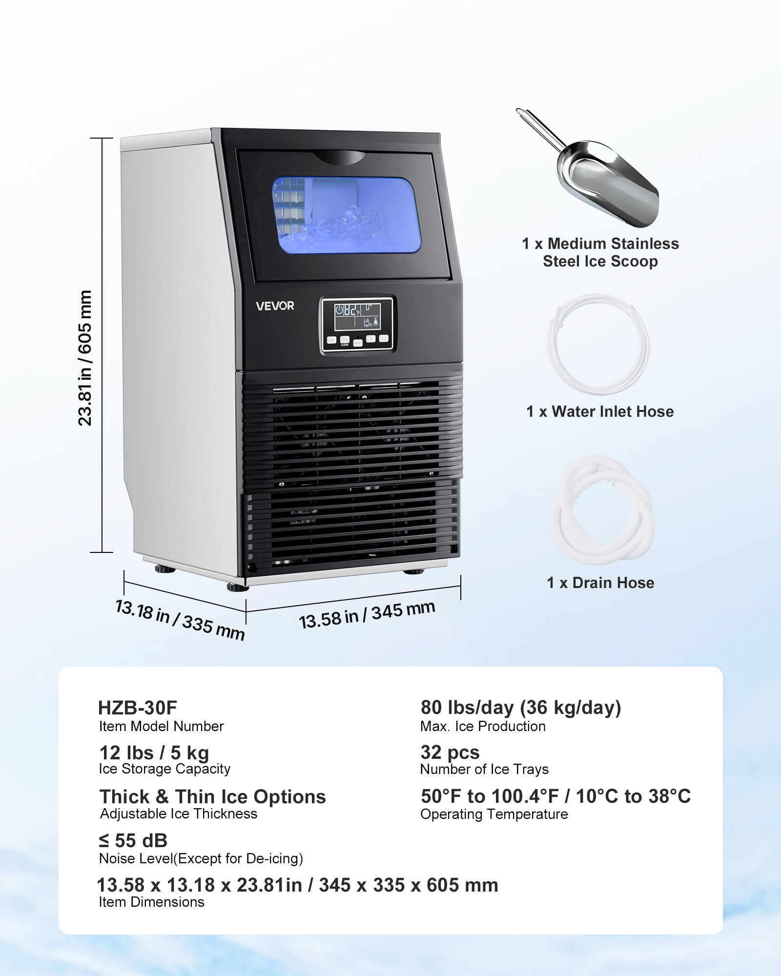 VEVOR Commercial Ice Maker Machine, 80 lbs/24h with 12Lbs Storage, 32 Cubes per Cycle, Stainless Steel Freestanding & Countertop Ice Maker with LED Display & Self-Cleaning, for Home Bar Restaurant