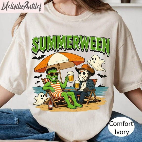 Retro Summerween Halloween T-shirt, Funny Horror Beach T-shirt, Spooky Summer Vibes T-shirt, Halloween In July T-shirt.