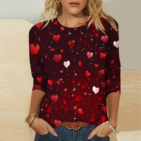 TrendVibe365 Valentines Day Women's Graphic Tees and T-Shirts Christmas Heart Date Shirts Crewneck Holiday Tees 3/4 Sleeve Romantic Tops Tunic Gifts Tshirts for Her Fashion Basic Clothes