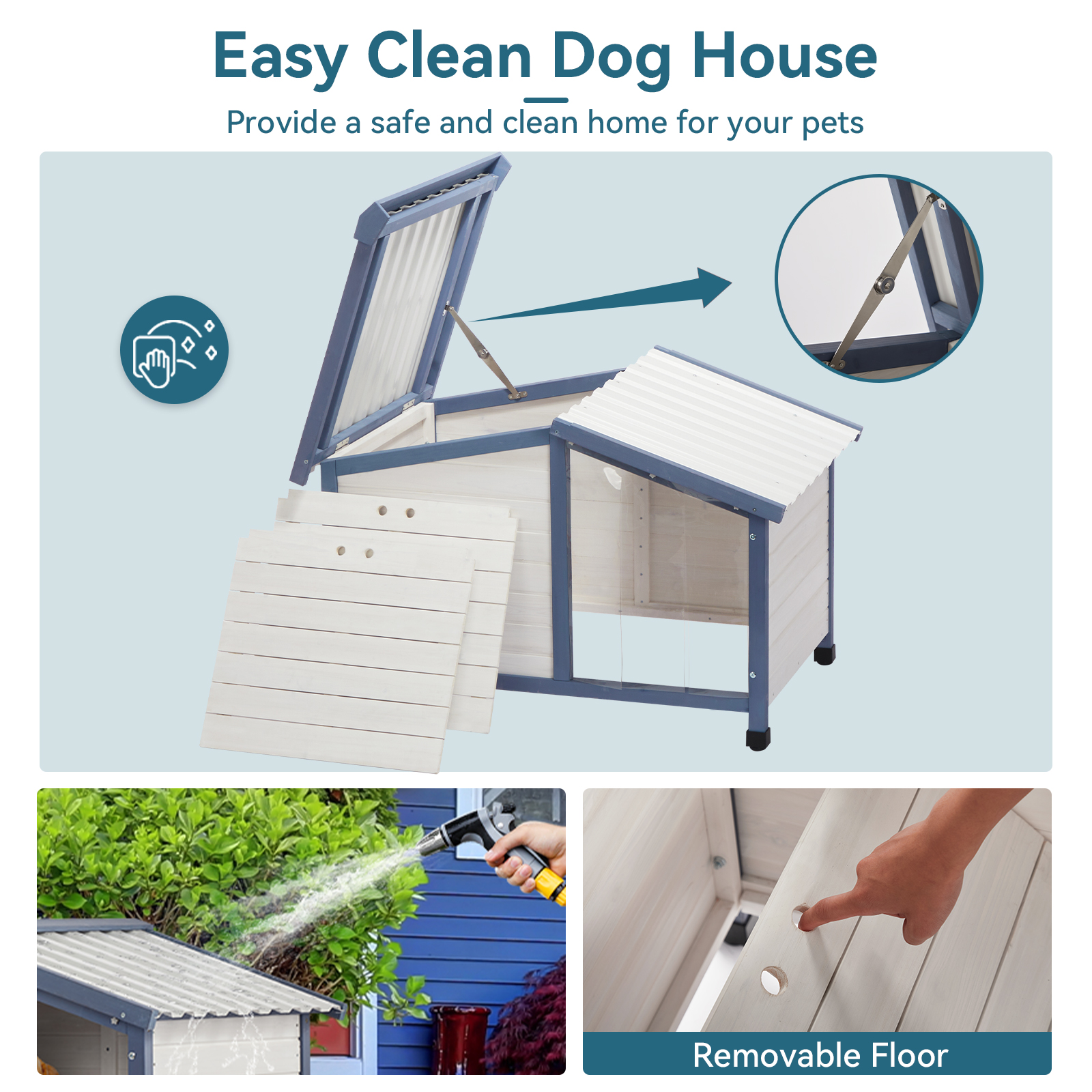 Petsfit Outdoor Dog House, Openable Asphalt Roof Dog House for Medium Dogs, Waterproof PVC Roof, White