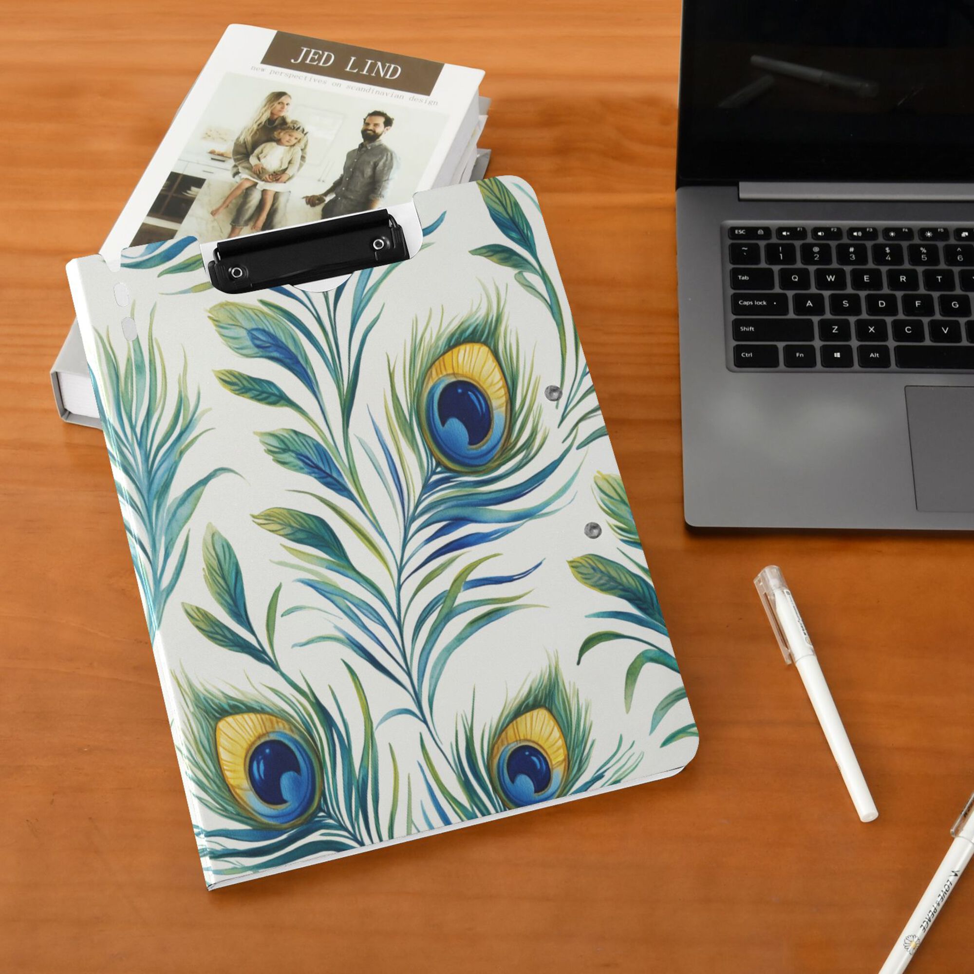 FORMRS A4 Clipboard Folder with Pen Holder Horizontal Foldable School Office Binder, Peacock Feather