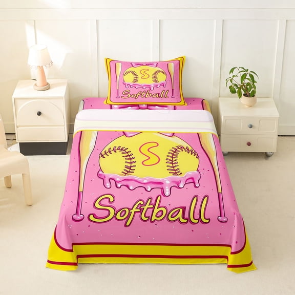 Erosebridal Sport Softball Letter Monogrammed S Twin Sheet Sets 3pcs for Teens,Baseball Ice Cream Drip Bedding for Boys Girls,Breathable Home Decor