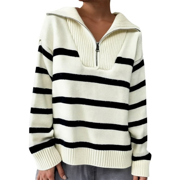 Arlun Womens Quarter Zip Striped Sweaters Casual V Neck Long Sleeve Knit Collared Pullovers Loose Fit Comfy 2025 Winter Fall Fashion Sweater Tops White One Size
