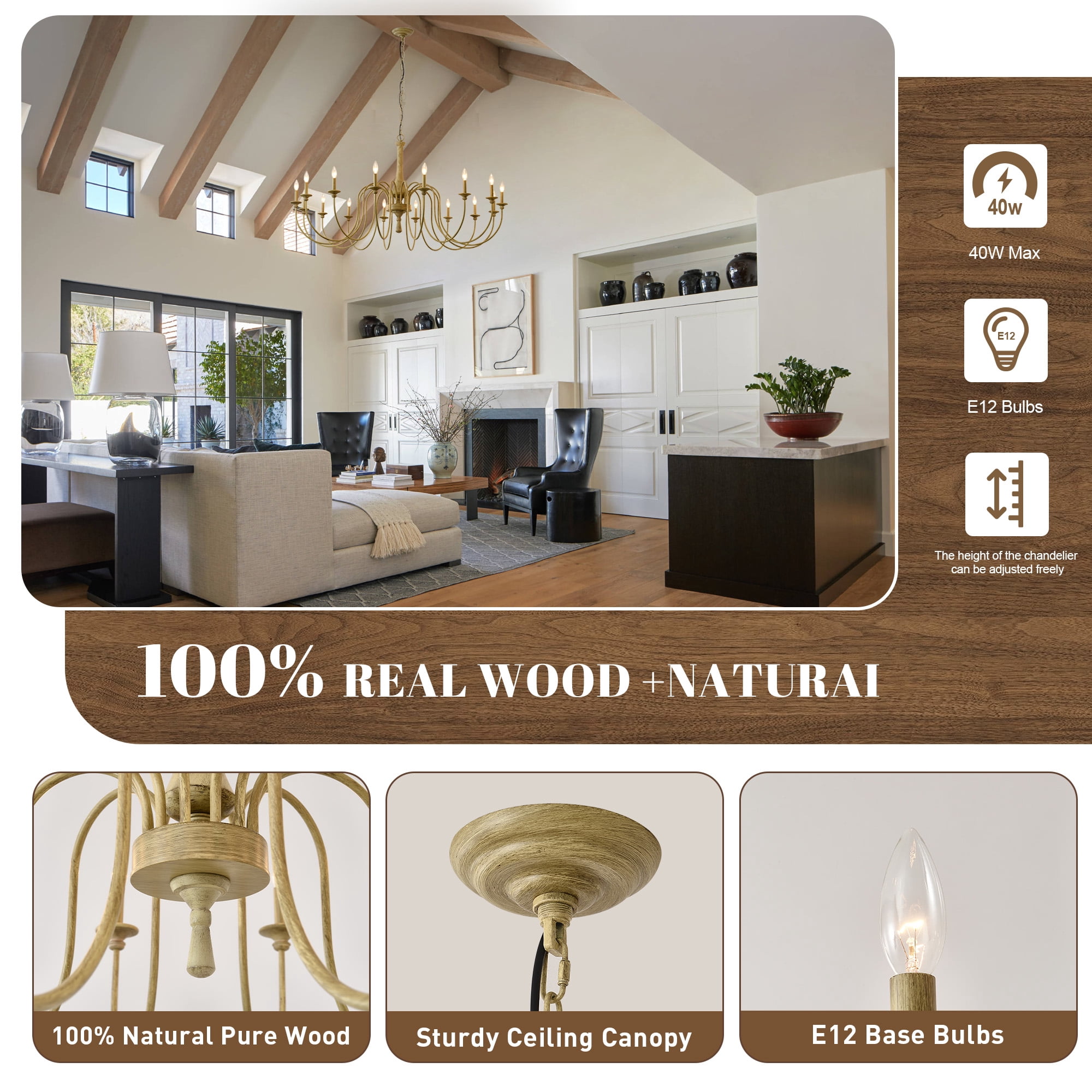 20-Light Farmhouse Chandelier, 78.74" Monumental Rustic Solid Wood Candle Pendant Light with Antique Finish | Dimmable French Country Ceiling Fixture for Grand Ballroom