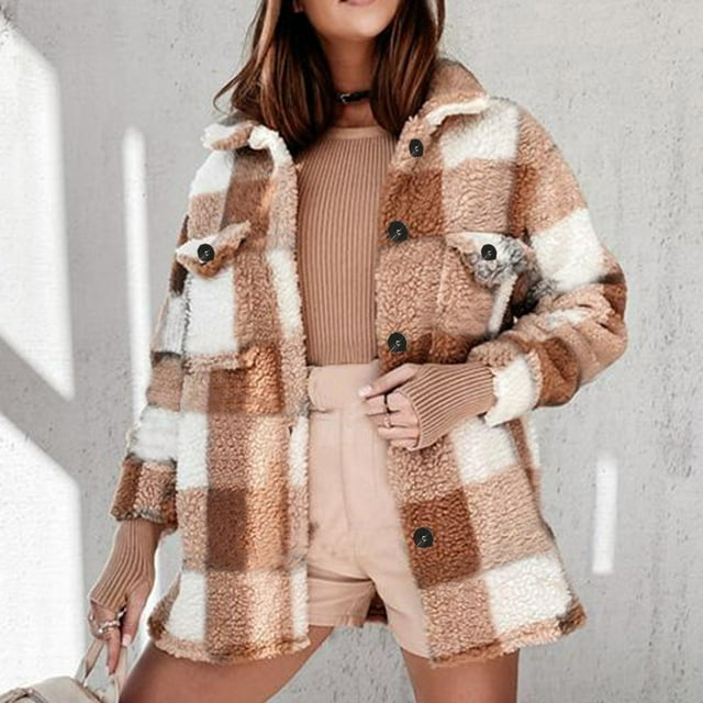 IROINID Veste Courte Confortable pour Femmes, Col Rabattu, Surchemise à Carreaux, Manches Longues, ppp, Kaki