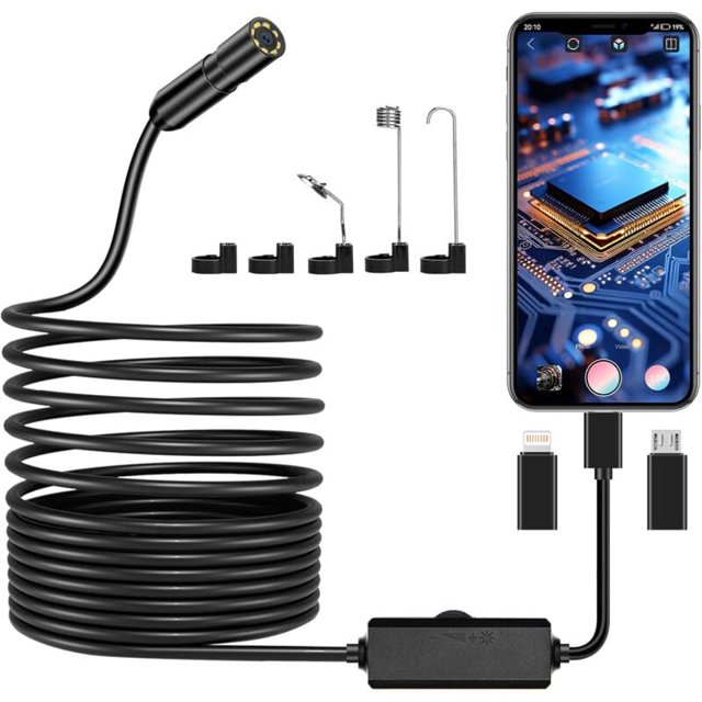 Endoscope Camera, 1920P HD Pipe Inspection Camera, IP67 Endoscope Camera with 8 LED Lights 5m Semi-Rigid Cable for iPhone iOS iPad Android Smartphone