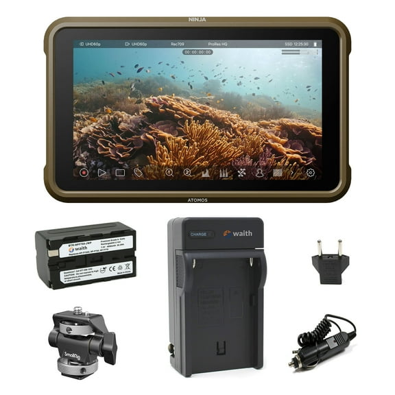 Atomos Ninja 5.2" Touchscreen Display 4K HDMI Recording Monitor with Waith Power Battery   Charger Combo (NP-F750), SmallRig Swivel and Tilt Adjustable Monitor Mount Bundle Set