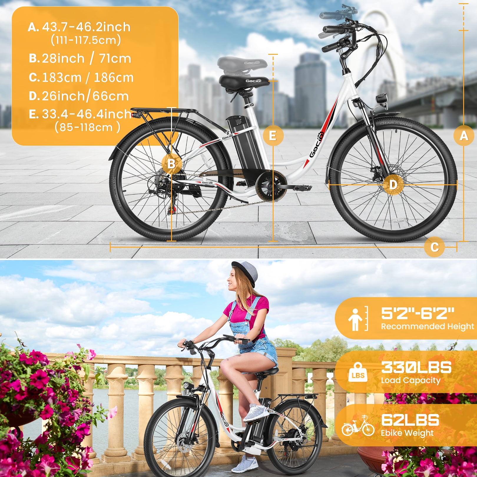 Gocio 26" Electric Bike for Adults, 500W Motor, City Commuter E-Bike, 48V 7.8Ah Removable Battery, Max 19.8Mph, 7 Speed, UL2849​