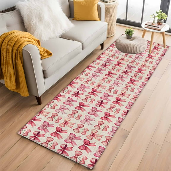 Pink Bow Kitchen Runner Rug 2x6 Washable Runners for Hallway Non Slip Romantic Rose Beige Linen Retro Large Area Rug Indoor Floor Carpet for Bathroom Laundry Entryway Bedroom Living Room