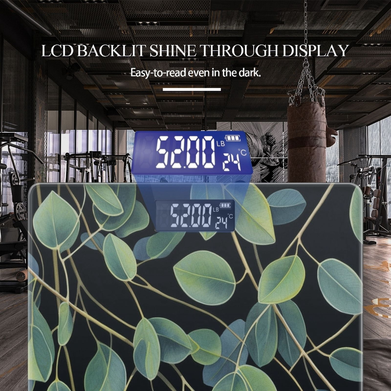 High Precision Body Weight Scale Smart Bathroom Scales with Large LCD Display(400lbs),Decorative for Bedroom-Hyper-Realistic Oil Painting Of Eucalyptus Leaves On Black Background