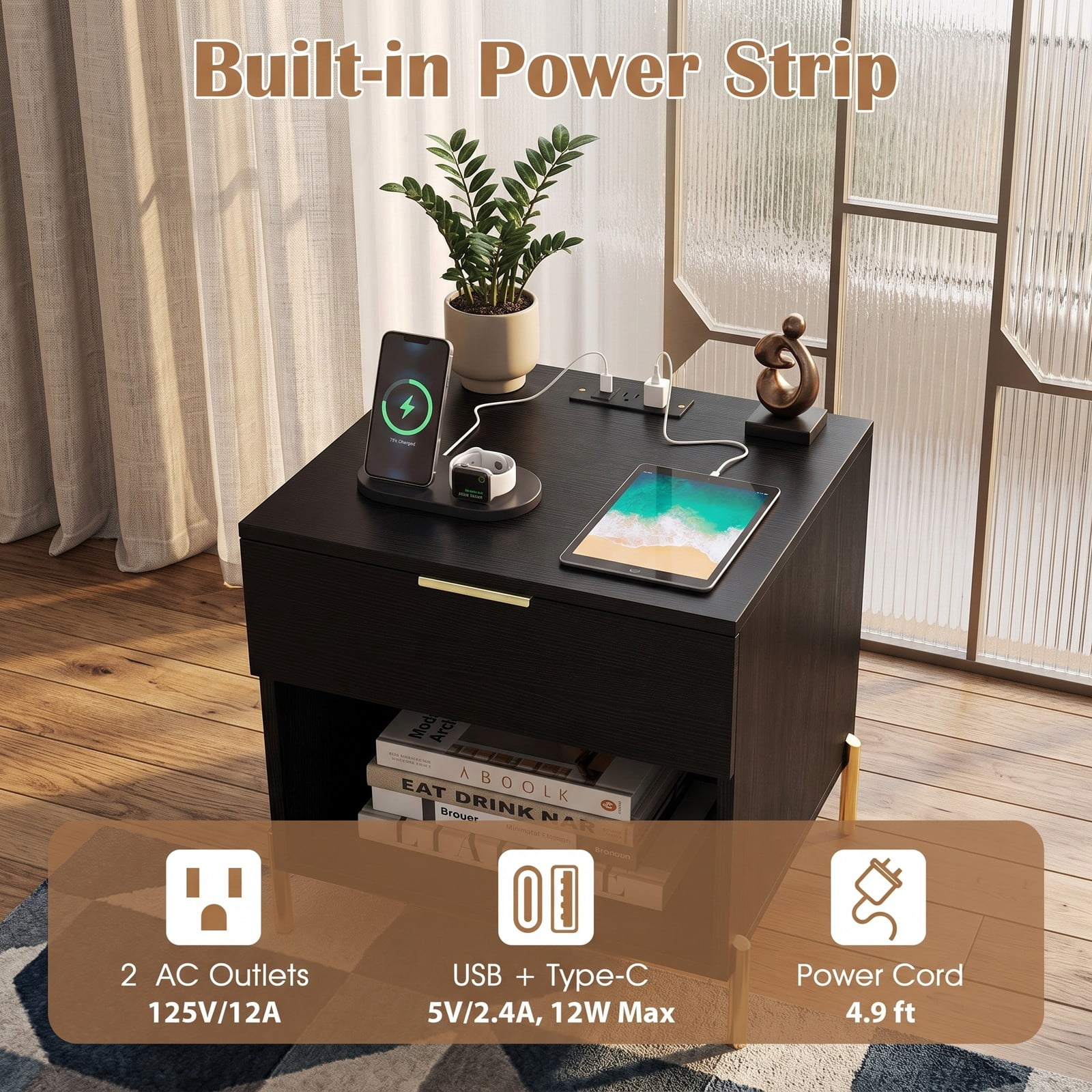Furnibear Modern Nightstand with Charging Station for Bedroom, 1 Drawer and Open Compartment Bedside Table with Metal Legs, Black