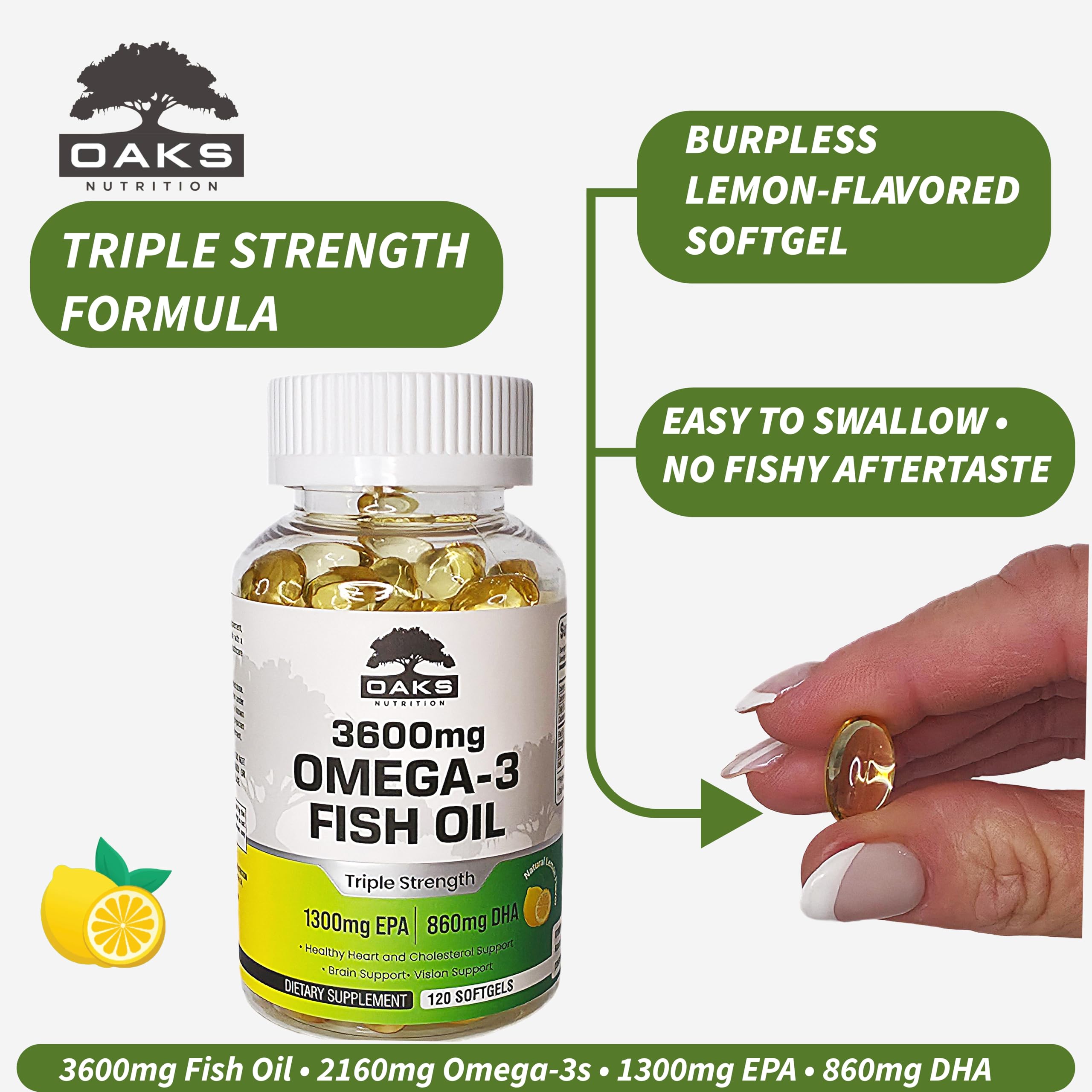 Oaks Nutrition 3600mg Fish Oil, 2160mg Omega-3 (1300 EPA/860 DHA), 120ct