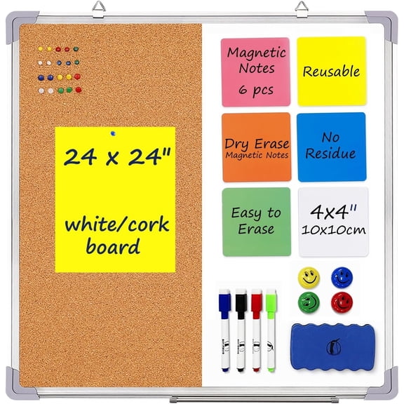 Cork Board White Board Combo 24 x 24 in - Dry Erase and Bulletin Board | Wall Combination Board with Markers, , Thumb Tacks & Notes - Reminder Board Organizer