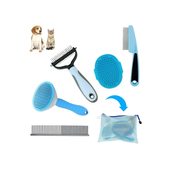 Dog Brush Grooming Kit 5PCS - Dog Brushes for Grooming, Dog Brush for Shedding,Puppy Brush and Flea Comb for Dogs, Slicker Brush Comb and Dog Hair Brush Set Blue