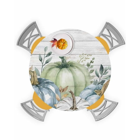 

Round Tablecloth with Elastic Thanksgiving Blue Green White Pumpkin Fall Waterproof Stain-proof Table Cover Wipeable Fitted Table Cloths for 36 -44 Round Tables Dining Kitchen