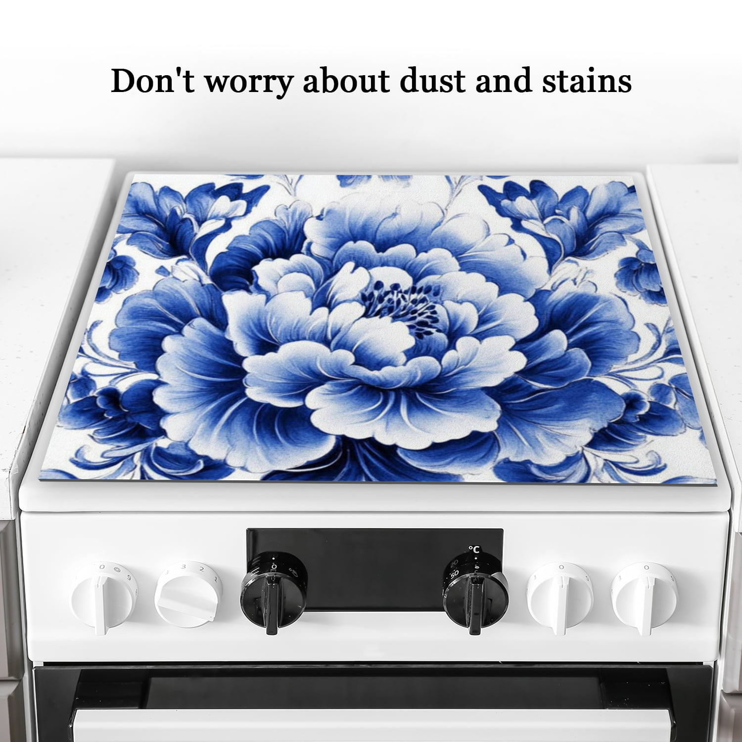 Stove Top Covers For Glasstop Stoves, Blue and White Porcelain-Style Floral Pattern Oilproof Mat, Multifunctional Protector Decorative Pad for Kitchen RV (28×20 Inch)