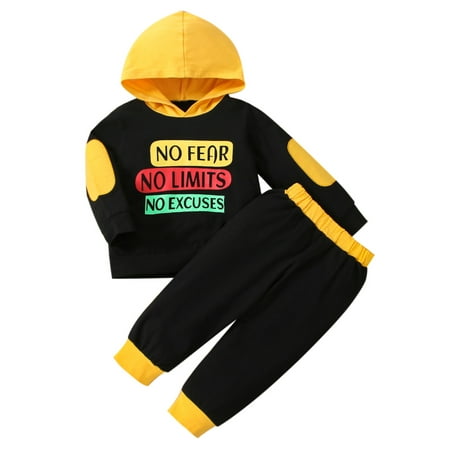 

Suanret Infant Baby Boys Sportswear Outfit Letter Print Contrast Color Long Sleeve Hooded Sweatshirts Pants Sets Yellow 18-24 Months
