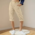 thumbnail image 2 of Brondbend Cropped Pants for Women Casual Capri Pants for Womens Solid Color Stretch Waist Button Drawstring Flat Front Straight Leg Cotton Linen Trousers with Pocket Relaxed Fit Fall Beach Comfy, 2 of 4