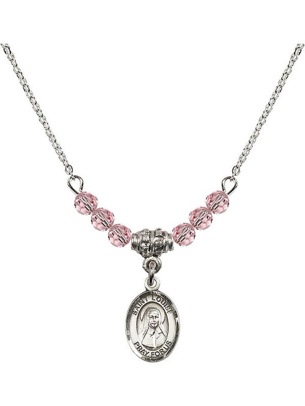 18-Inch Rhodium Plated Necklace with 4mm Amethyst Birthstone Beads and Sterling Silver Saint Louise de Marillac Charm.
