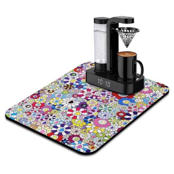 Washable Rubber Daisy Cute Floral Dish Drying Mats for Kitchen Counter Home Large Coffee Bar Pad Accessories and Decor for Utensils Stemware 18''x24''