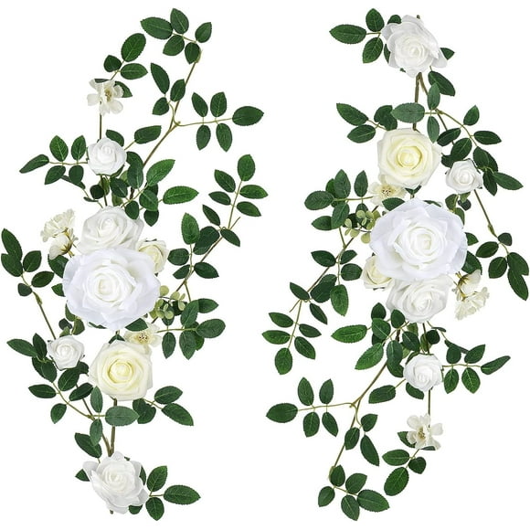 2pcs Artificial Flower Wedding Arch Dcor 2ft Rose Floral Swags Arrangement for Wedding Aisle Welcome Sign Ceremony Chairs Reception Backdrop Sweetheart Table Decoration (2, White)