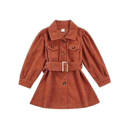

Canrulo Kids Baby Girls Corduroy Dress Autumn Solid Pockets Button Fly Long Sleeve Dress Coats with Belt Brown 3-4 Years