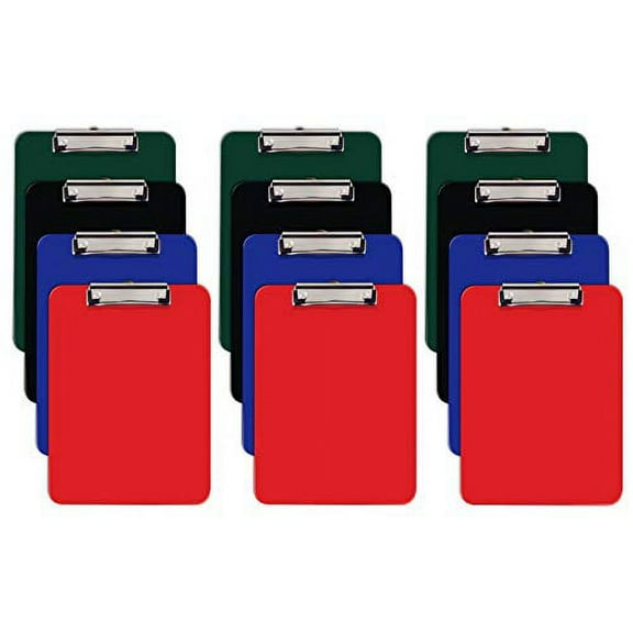 Assorted Colors Plastic Clipboards, 12 Pack, Durable, 12.5 x 9 Inch, Low Profile Clip, by Better Office Products, (3 Each of Black, Red, Blue, Green), Set of 12