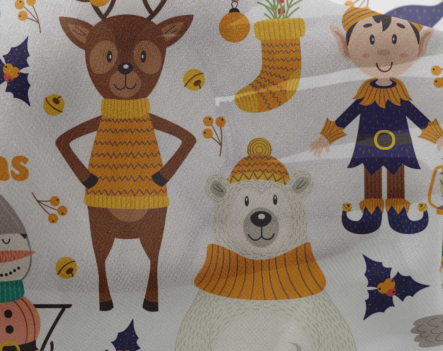 oneOone Georgette Viscose Mustard Yellow Fabric Snowman|Gift Box & Santa Christmas Quilting Supplies Print Sewing Fabric By The Yard 42 Inch Wide