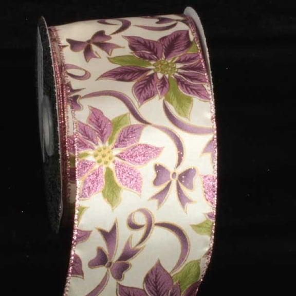 The Ribbon People Ivory and Purple Poinsettia Printed Wired Craft Ribbon 3" x 20 Yards