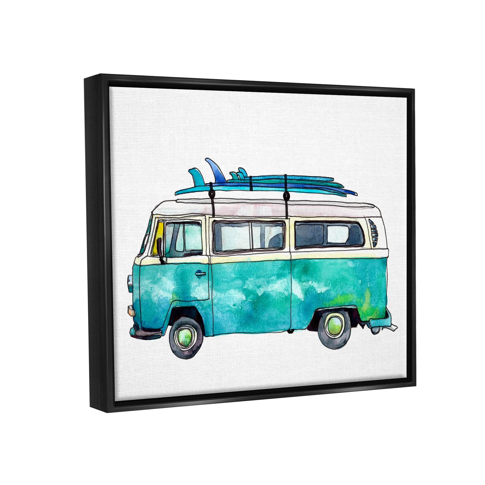 Stupell Summer Vacation Surfboard Van Landscape Painting Black Floater Framed Art Print Wall Art