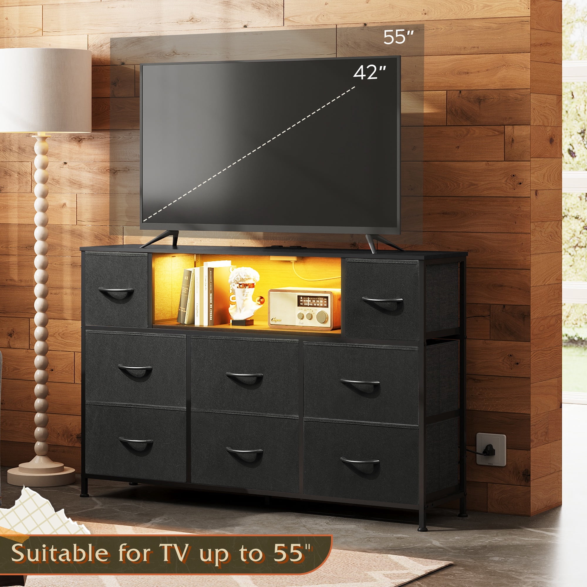 GALAXHERO 8-Drawer Dressers for Bedroom, Dresser TV Stand for 55'' TV with LED Lights and Power Outlets, Fabric Chest of Drawers for Living Room, Entryway, Black
