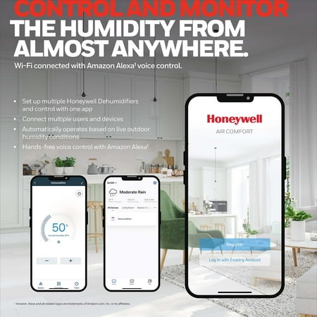 Honeywell - Smart WiFi Energy Star Dehumidifier for Basements & Rooms Up to 3000 Sq.Ft. with Alexa Voice Control & Anti-Spill Design - White