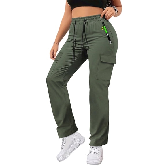 Women's High Waisted Wide Leg Cargo Pants - Drawstring with Pockets Work Casual Trousers, Army Green Size L