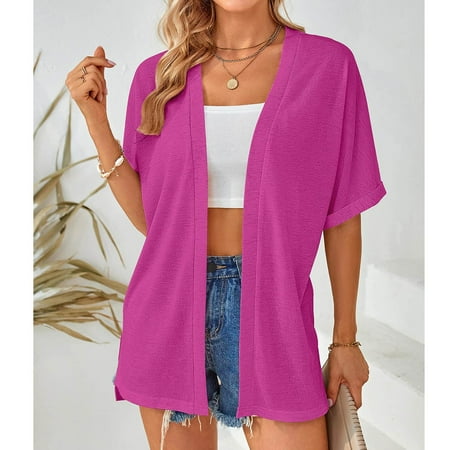 TMOYZQ Women s Rolled Short Sleeve Beach Cover Ups Lightweight Open Front Kimono Cardigan Casual Summer Loose Bikini Cardigan Outerwear Bathing Suit Cover Up