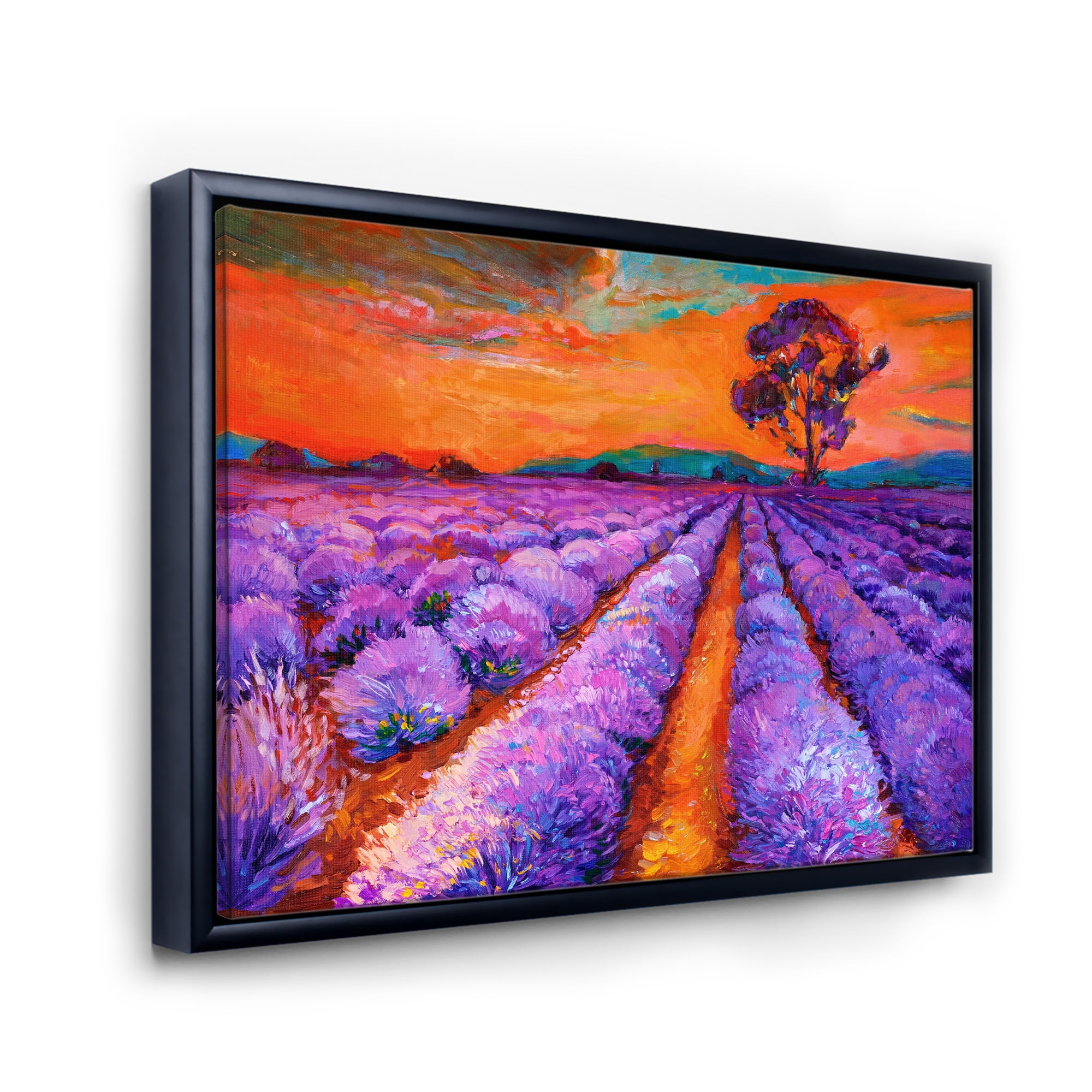 Designart 'An Orange Sunset Over Purple Lavender Fields I' Farmhouse Framed Canvas Wall Art Print