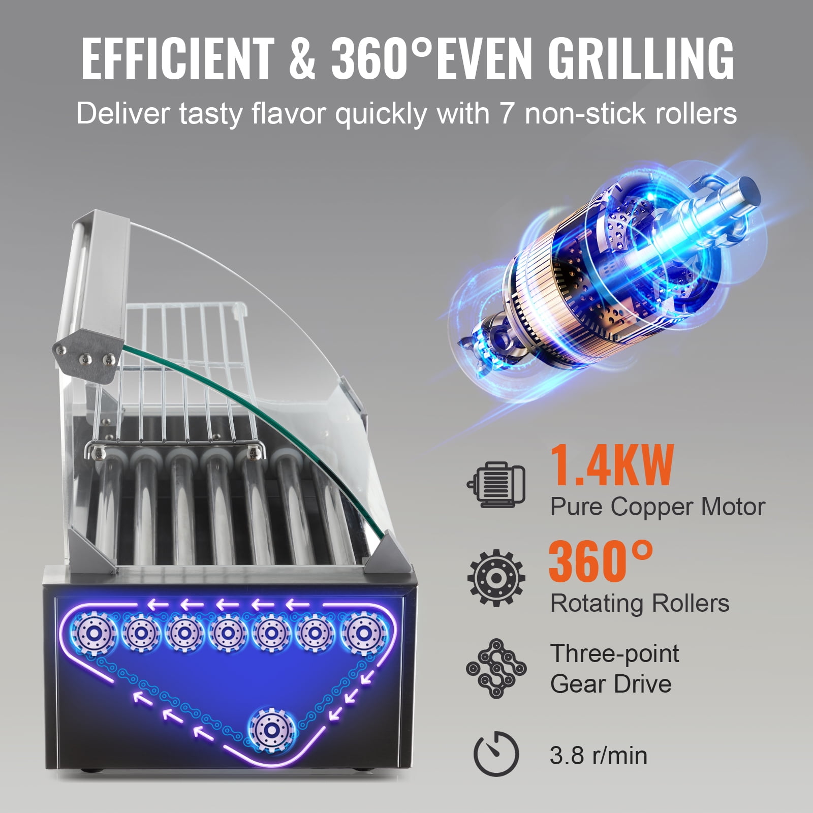 VEVOR Electric 18 Hot Dog 7 Roller Grill Cooker Machine Backsplash & Shelf 1050W